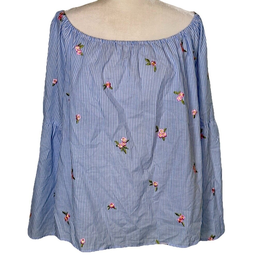 Women Off Shoulder Striped Floral Embroidered Bell Sleeve Coquette Blouse XL